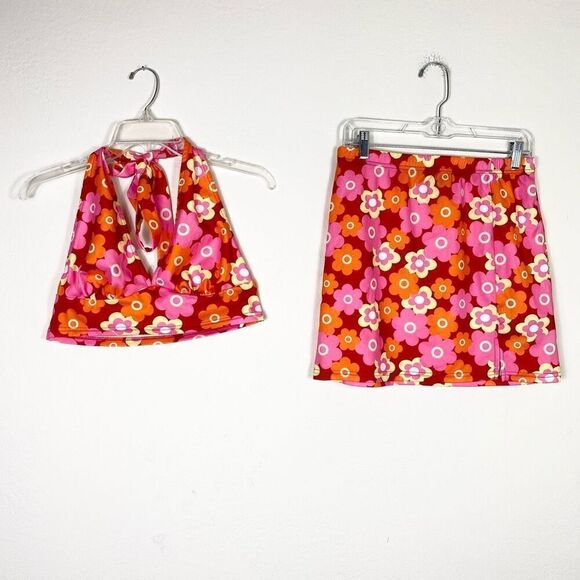 Shein Pink & Red 70’s Style Floral Skirt and Halter Tank Crop Top Set Size L - Picture 1 of 5